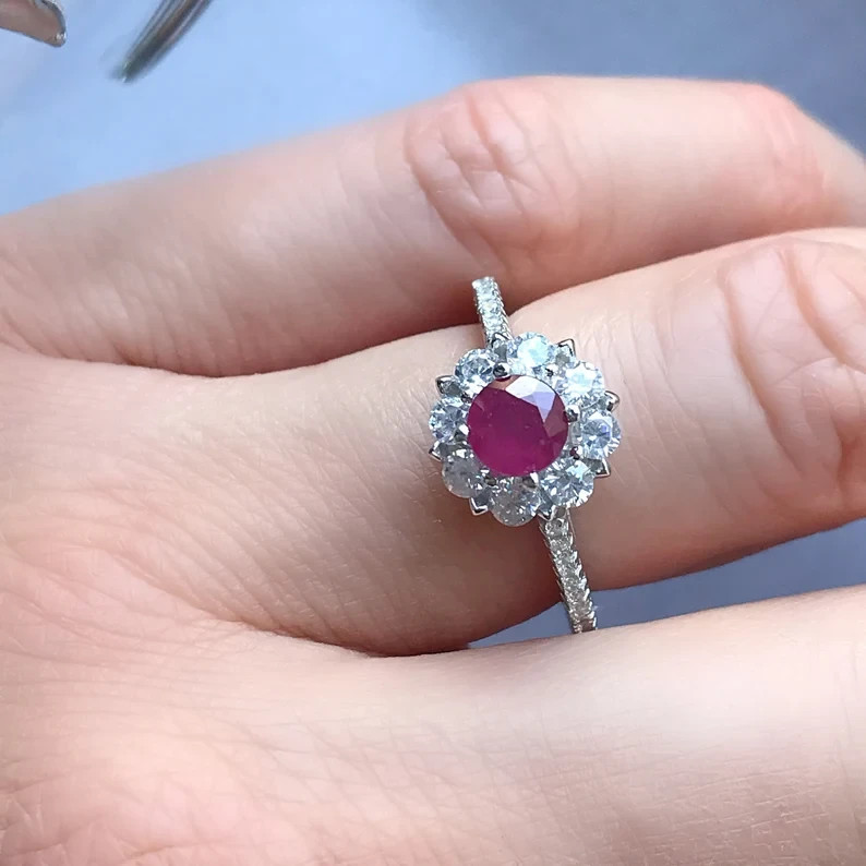 1.70 Ct Round Cut Natural Ruby & Diamond Engagement Ring 14K White Gold Size 5