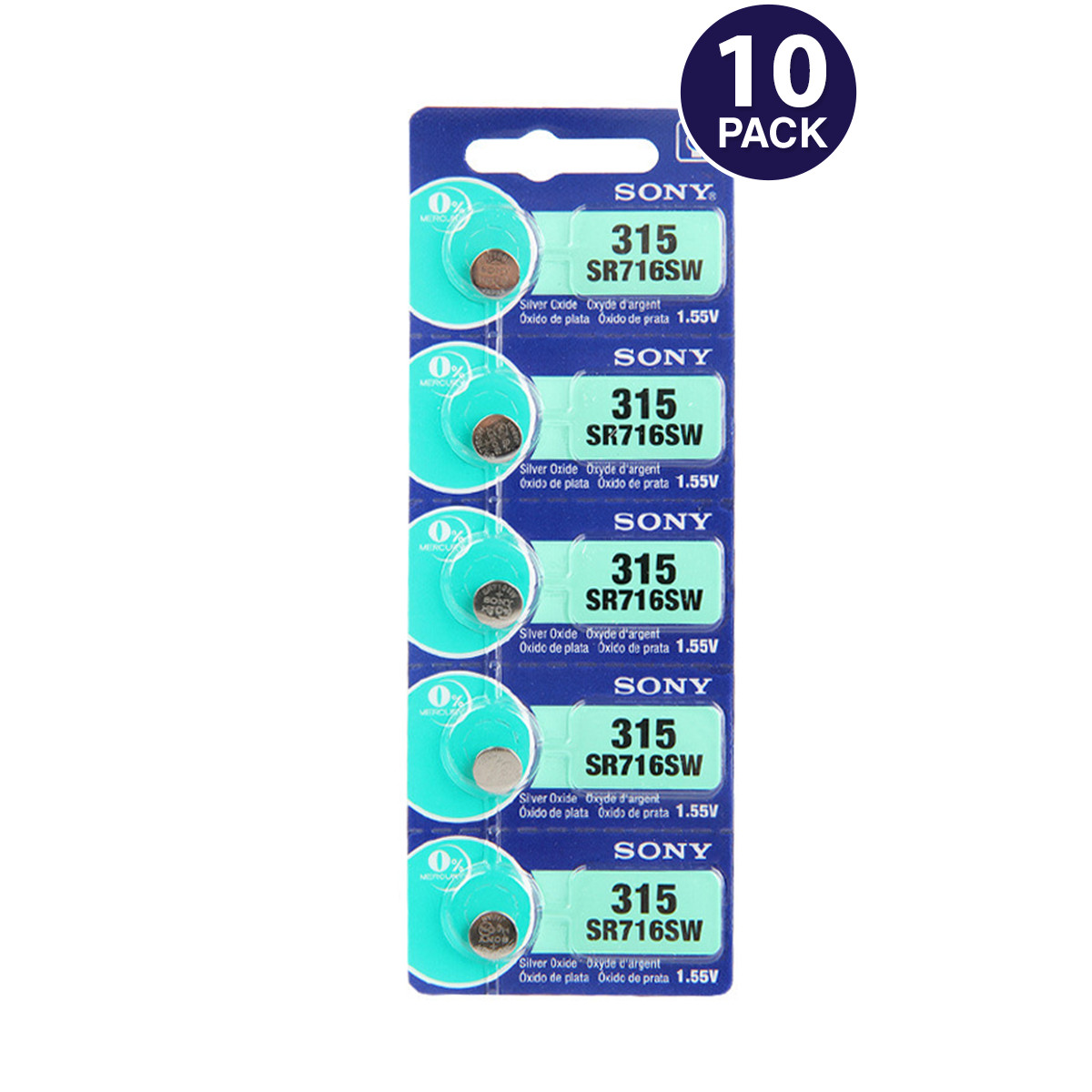 Sony 315 (SR716SW) 1.55V Silver Oxide 0%Hg Watch Battery (10 Pack) -EXP 08/2021