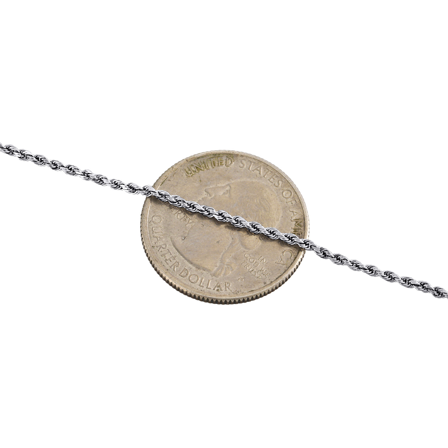 10K White Gold 1.65mm Diamond Cut Solid Rope Link Bracelet / Anklet 7-10 Inches