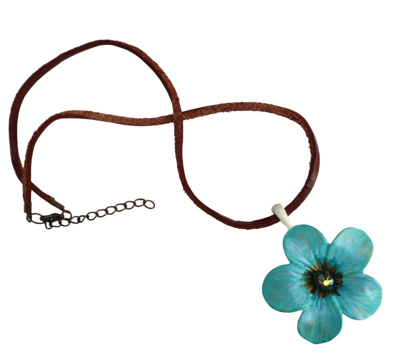 Handmade Large Flower Pendant Leather Necklace Painted Floral Bohemian Jewelry