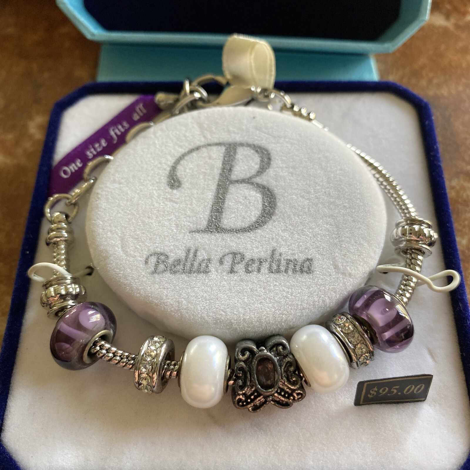 Bella Perlina Purple Glass Butterfly Charms Bracelet 6.25″- 8″ Silver Tone NIB