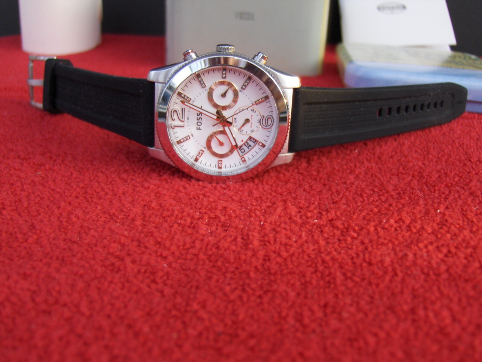 FOSSIL ES 4250 BOYFRIEND 3 EYE CHRONOGRAPH SWAROVSKI CRYSTAL MARKERS DATE WINDOW