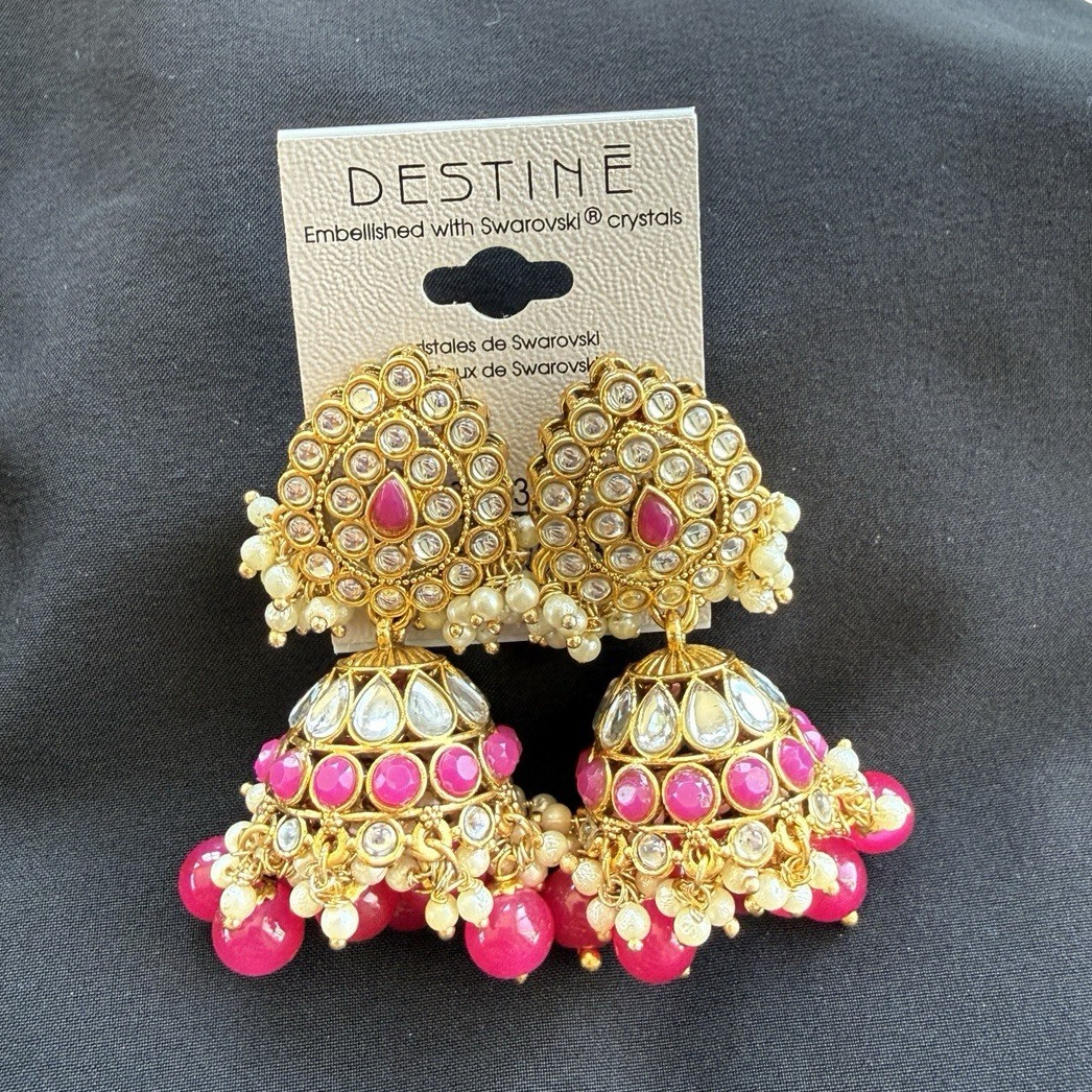 Destine Gold Tone Dangle/Drop Earrings Pink Clear Teardrop Crystal Pearl Clip