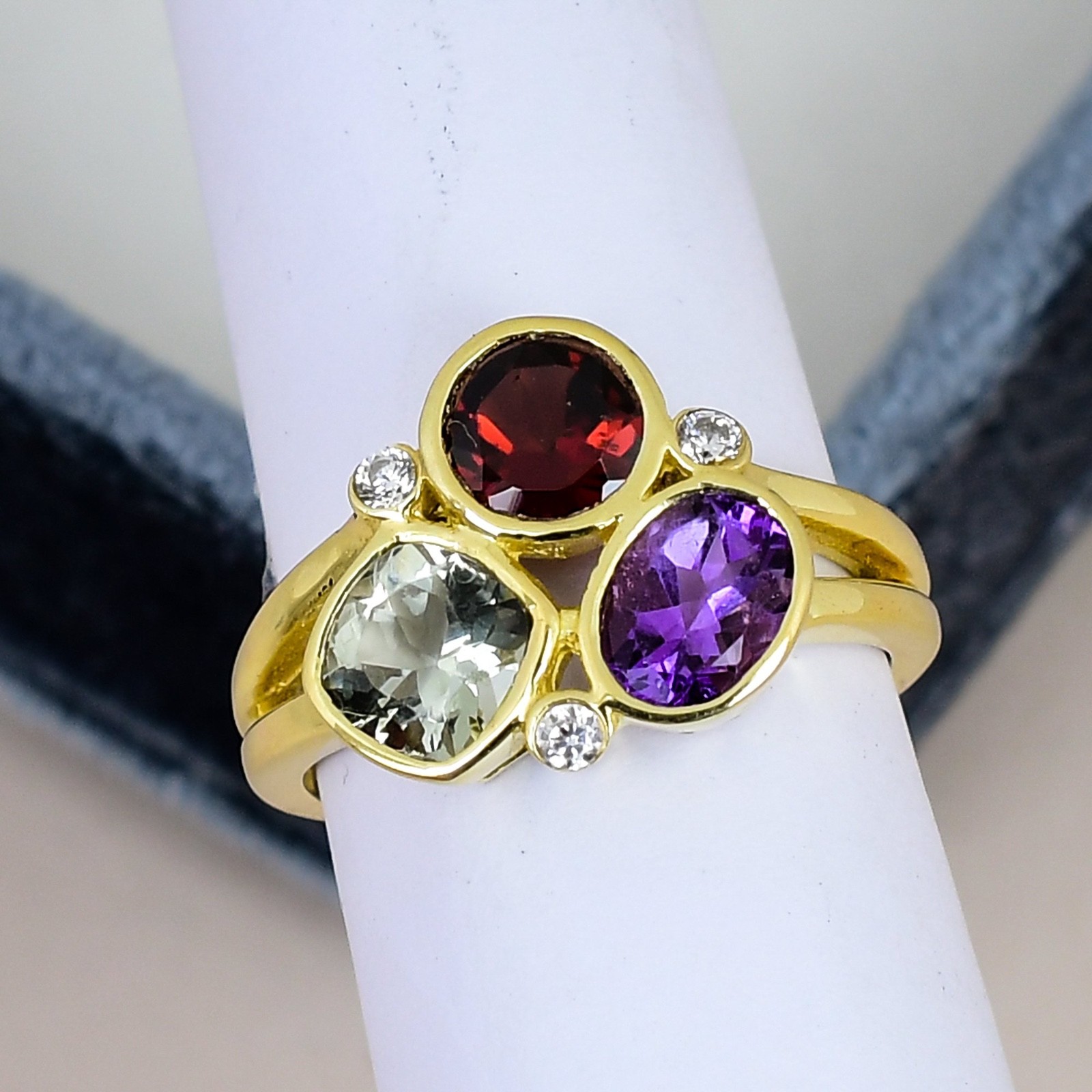 Garnet,Amethyst ,Green Amethyst Ring 18K Gold Plated 925 Silver Three Stone