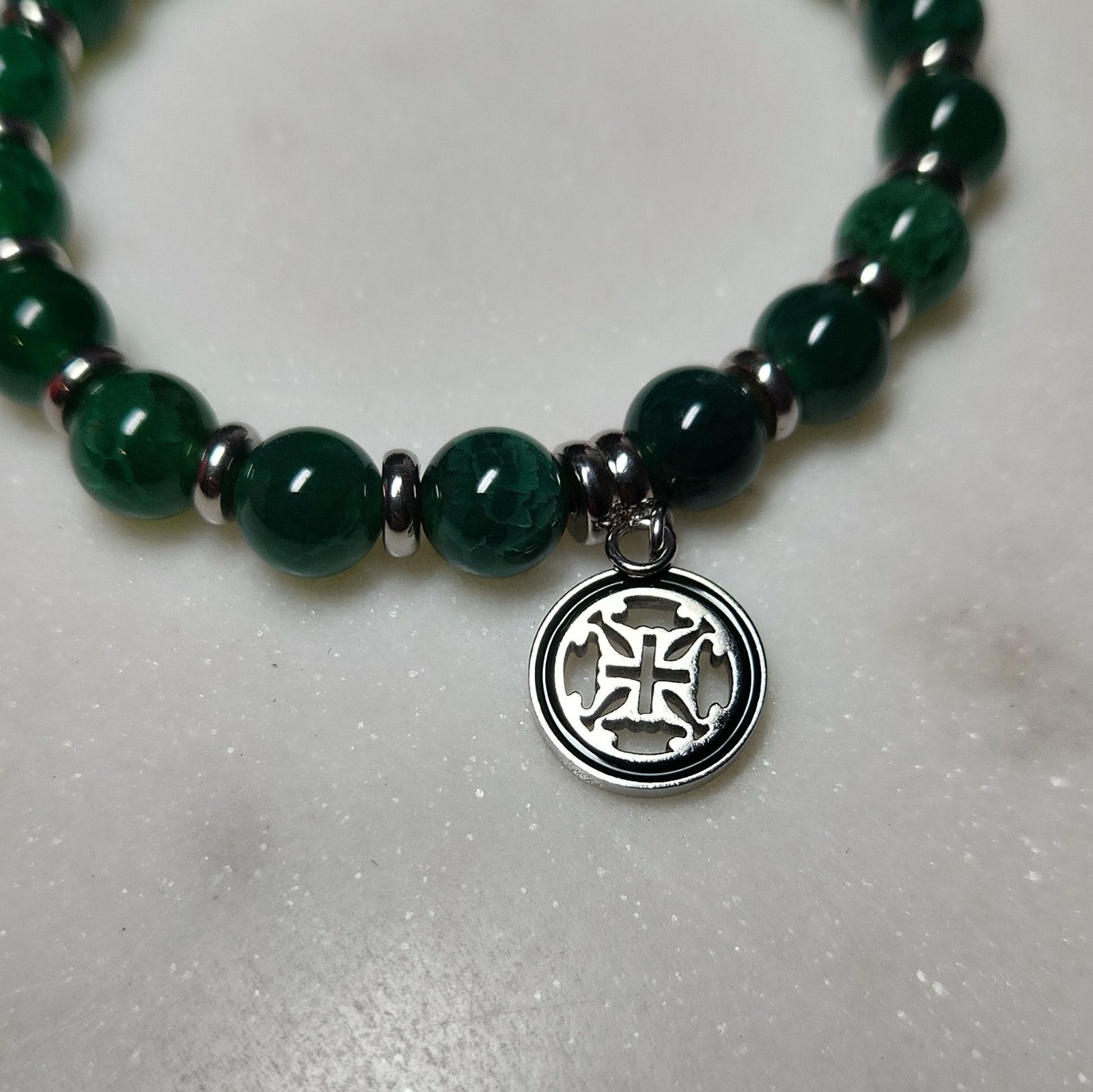 Rustic Cuff “Greatful” Cuff & bracelet Silver Tone, Green Beaded Charm, Box