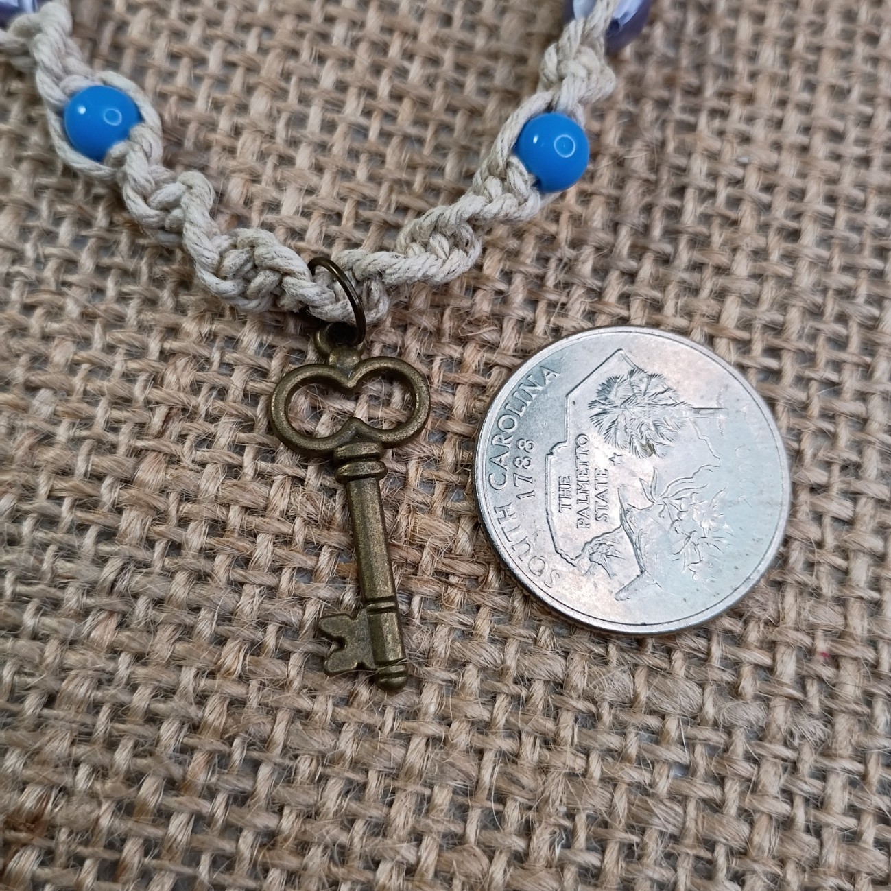 New Natural Hemp Necklace W/ Key Charm & Mixed Beads 16-20 in Macrame, Handmade