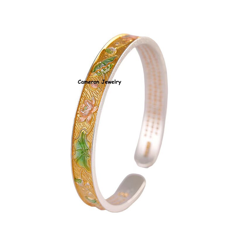 Solid S999 Fine Silver Bracelet 8mm Enamel lLotus Open Bangle 29-30g Dia:57mm