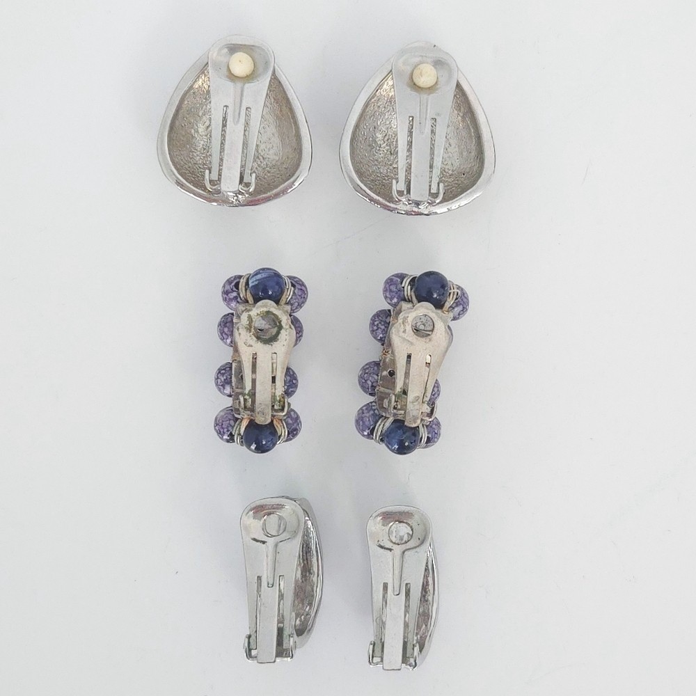 Silver Black Blue Ivory Hoop & Beaded Clip Earrings (Set of 3)