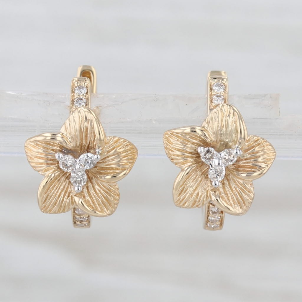 0.14ctw Diamond Flower Hoop Earrings 14k Yellow Gold Hinged Snap Top Hoops
