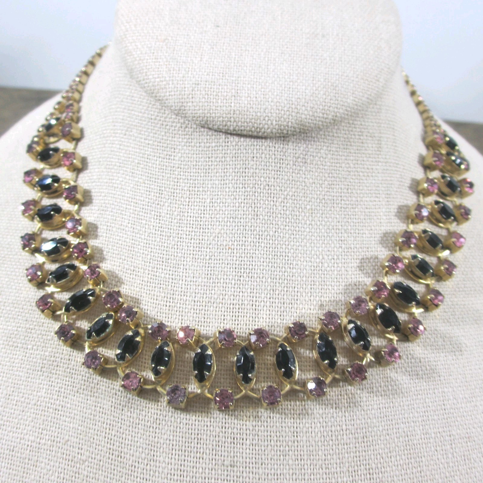 Vintage Rhinestone Necklace Purple Black Gold Tone Choker Collar 15 Inch