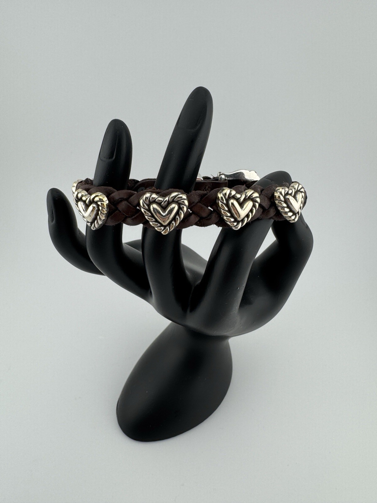 Brighton Silver Brown Leather Roped Heart Braid Bandit Buckle Bracelet #307