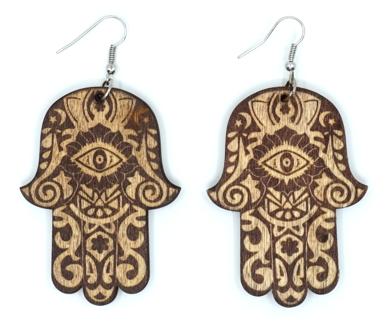 TB Hamsa Hand of Fatima Evil Eye Colorful Wood Natural Dangle Fashion Earrings