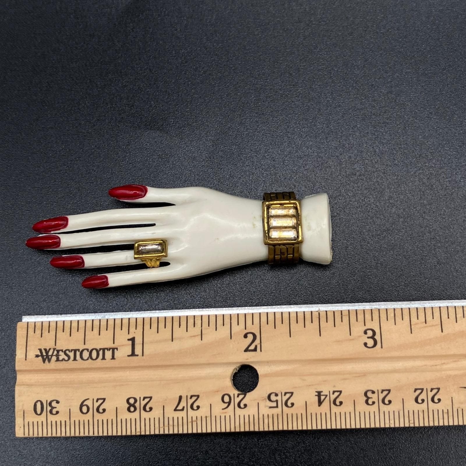 Vintage Hand Brooch White Plastic Figural Pin Gold Ring Bracelet Red Nails MCM