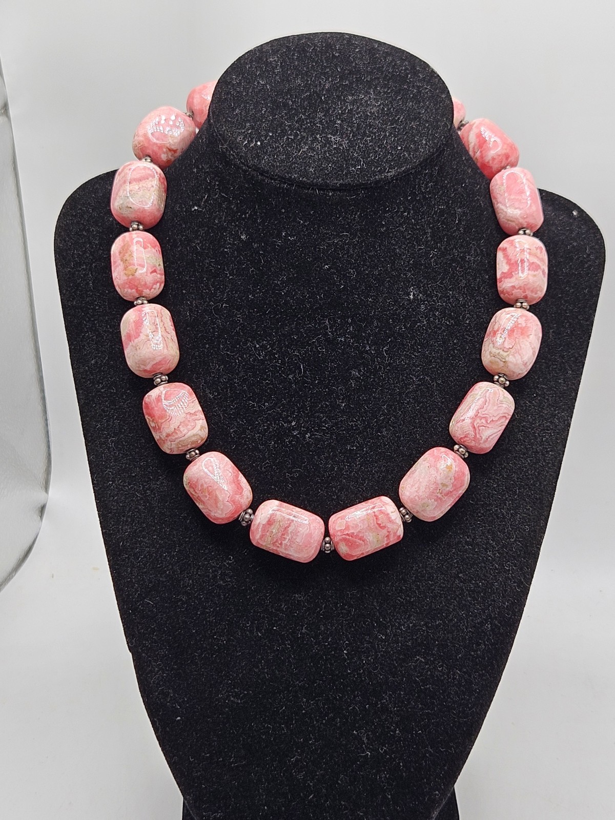 Hand Crafted Rhodochrosite Chunky Beaded Statement Necklace W/ Sterling…
