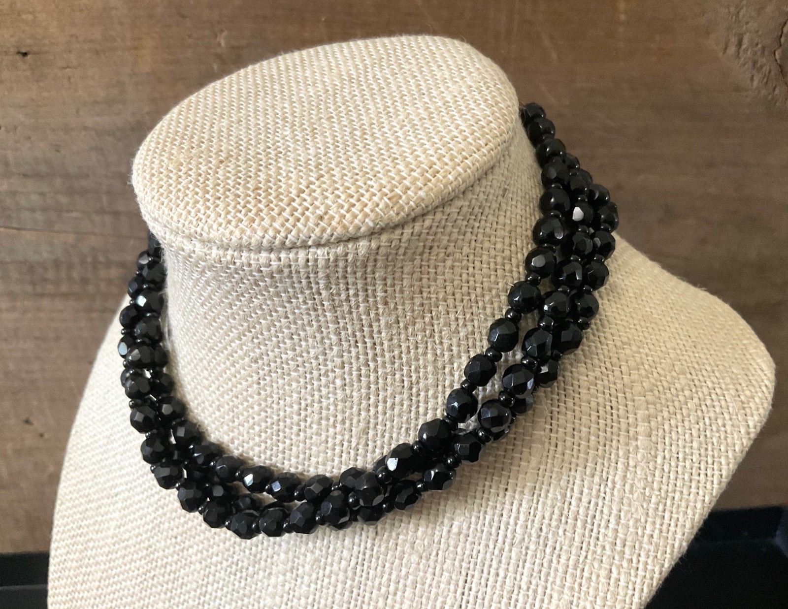 Vintage Black Glass Beaded Necklace Art Deco Adjustable Choker Antique Jewelry