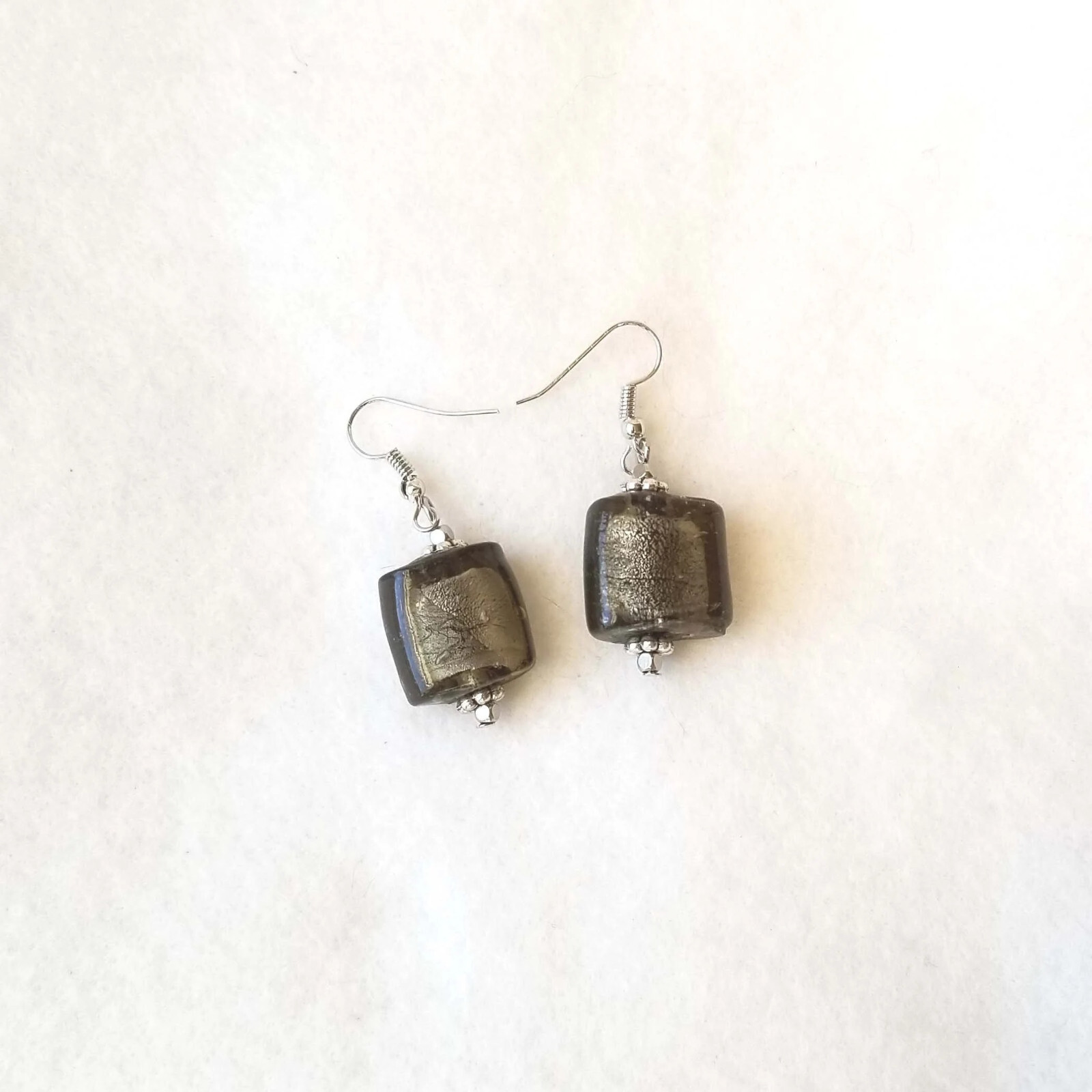 Charcoal Gray Glass over Silver Foil India Glass Bead Dangle Earrings Handmade