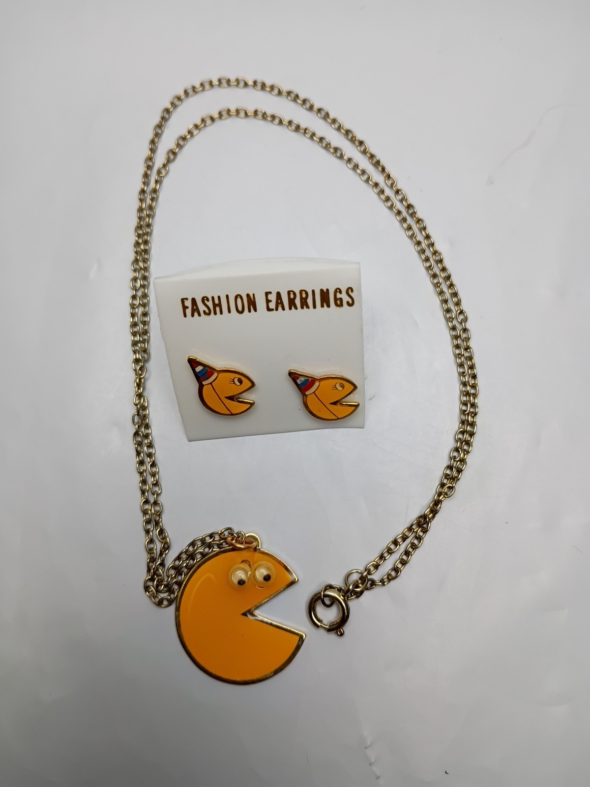 Vintage NOS Mrs Pac-Man Birthday Metal Stud Earrings Mr Pac Man Necklace Googly