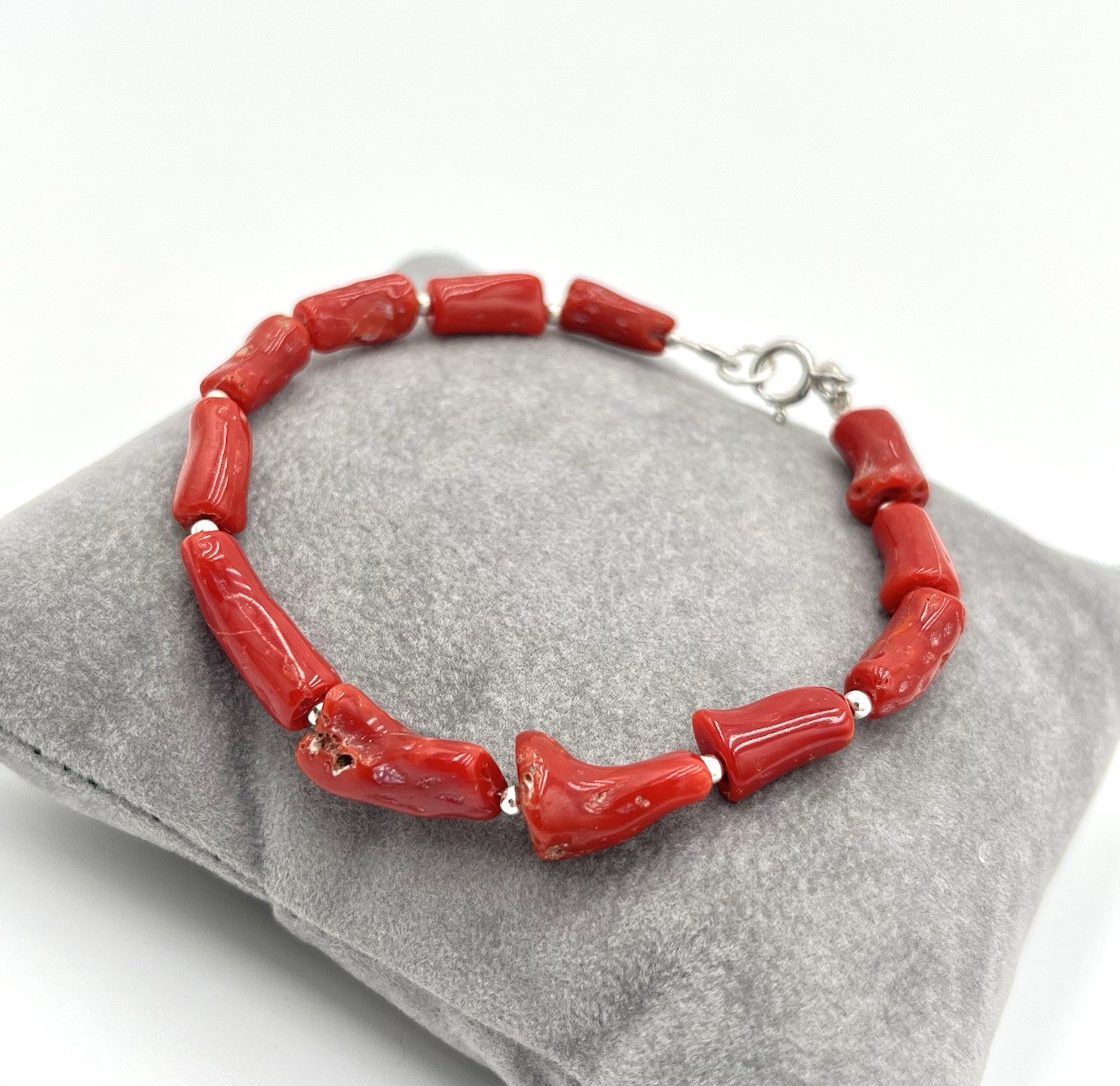 Natural Mediterranean Red Coral Bracelet 19.5cm 925 Silver Unisex Handmade