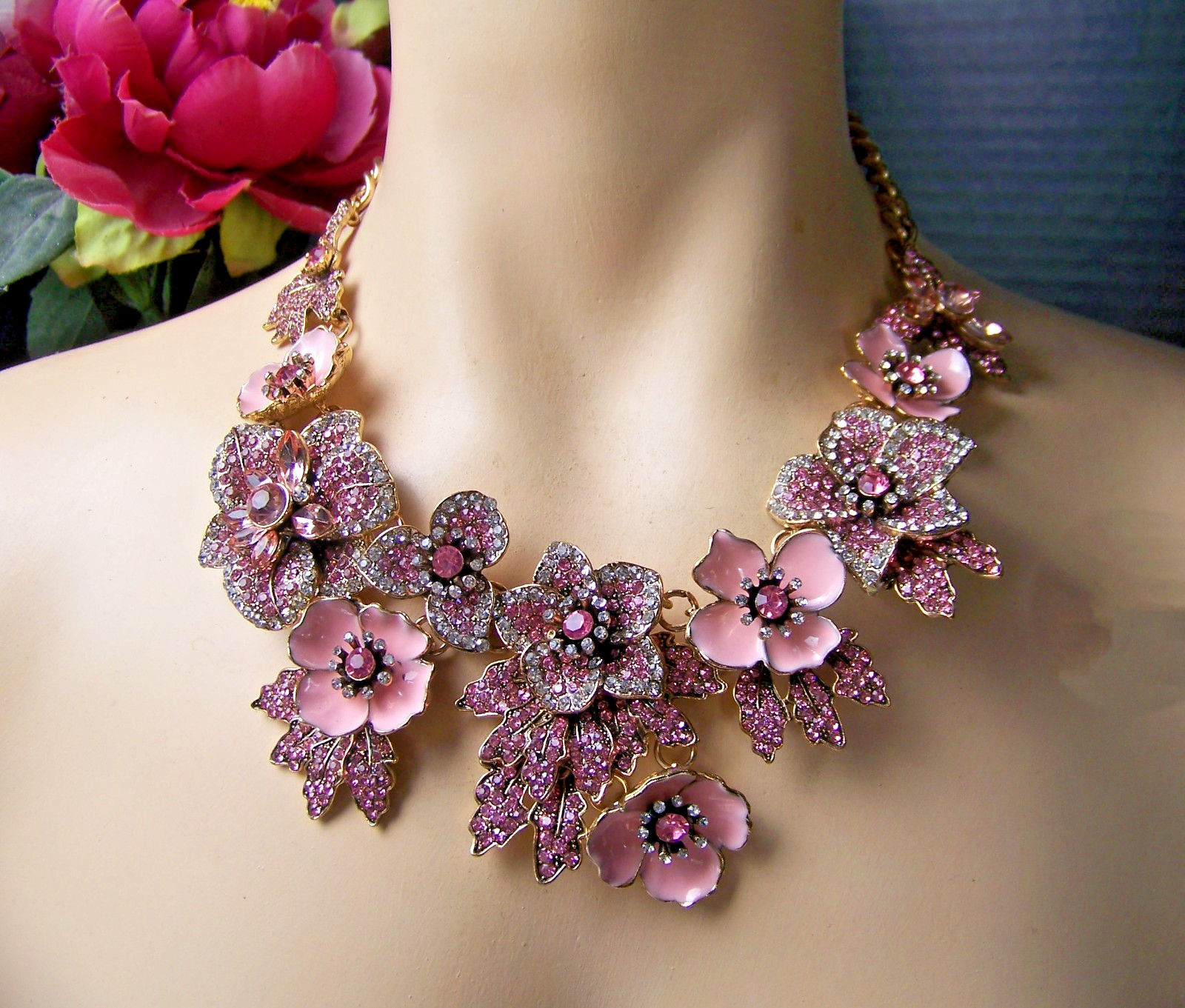 PRETTY IN PINK Pave Rhinestone Enamel Flower Bib Vintage Style Necklace