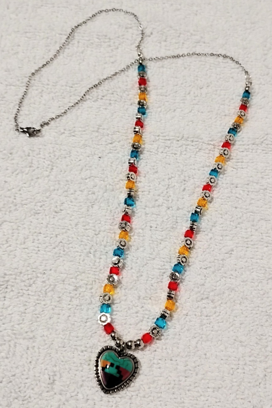 Handcrafted Jewelry 28″ Dainty Citrine Turquoise Red Square Glass Heart Necklace