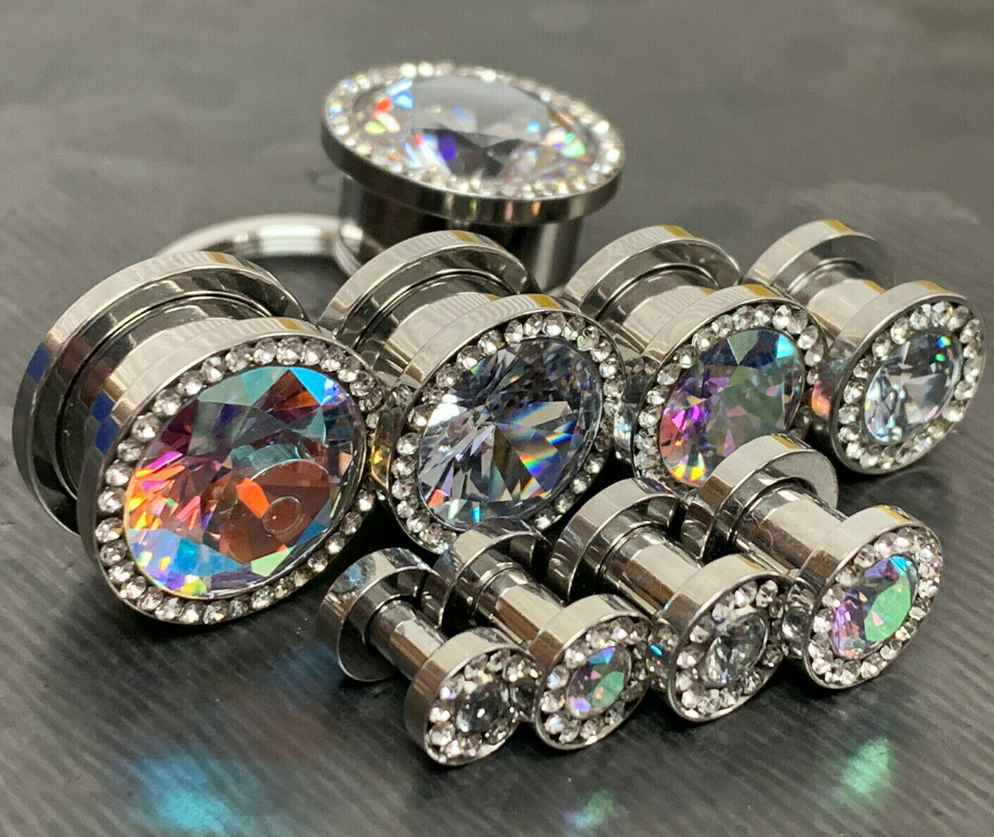 PAIR Large CZ Gem Rimmed 316L Surgical Steel Screw Fit Plugs Tunnels Gauges