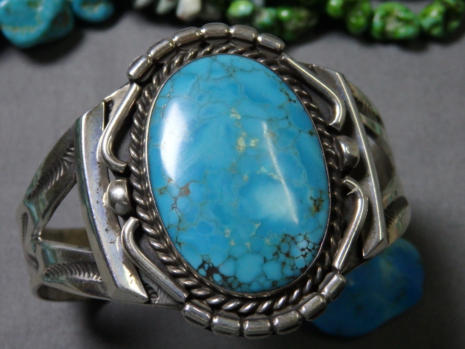 Fred Harvey Era NAVAJO Natural BLUE GEM TURQUOISE Coin Silver 50g CUFF Bracelet