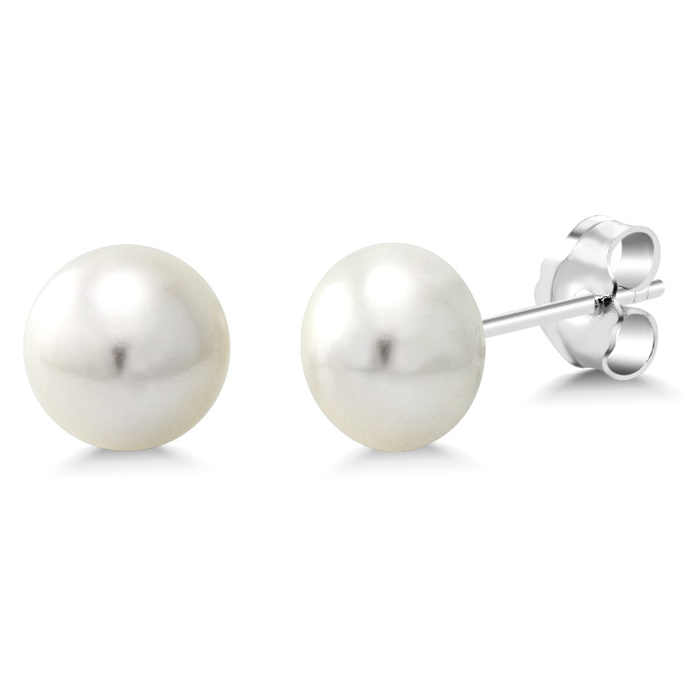 925 Sterling Silver White Button Cultured Freshwater Pearl 7MM-7.5MM Stud