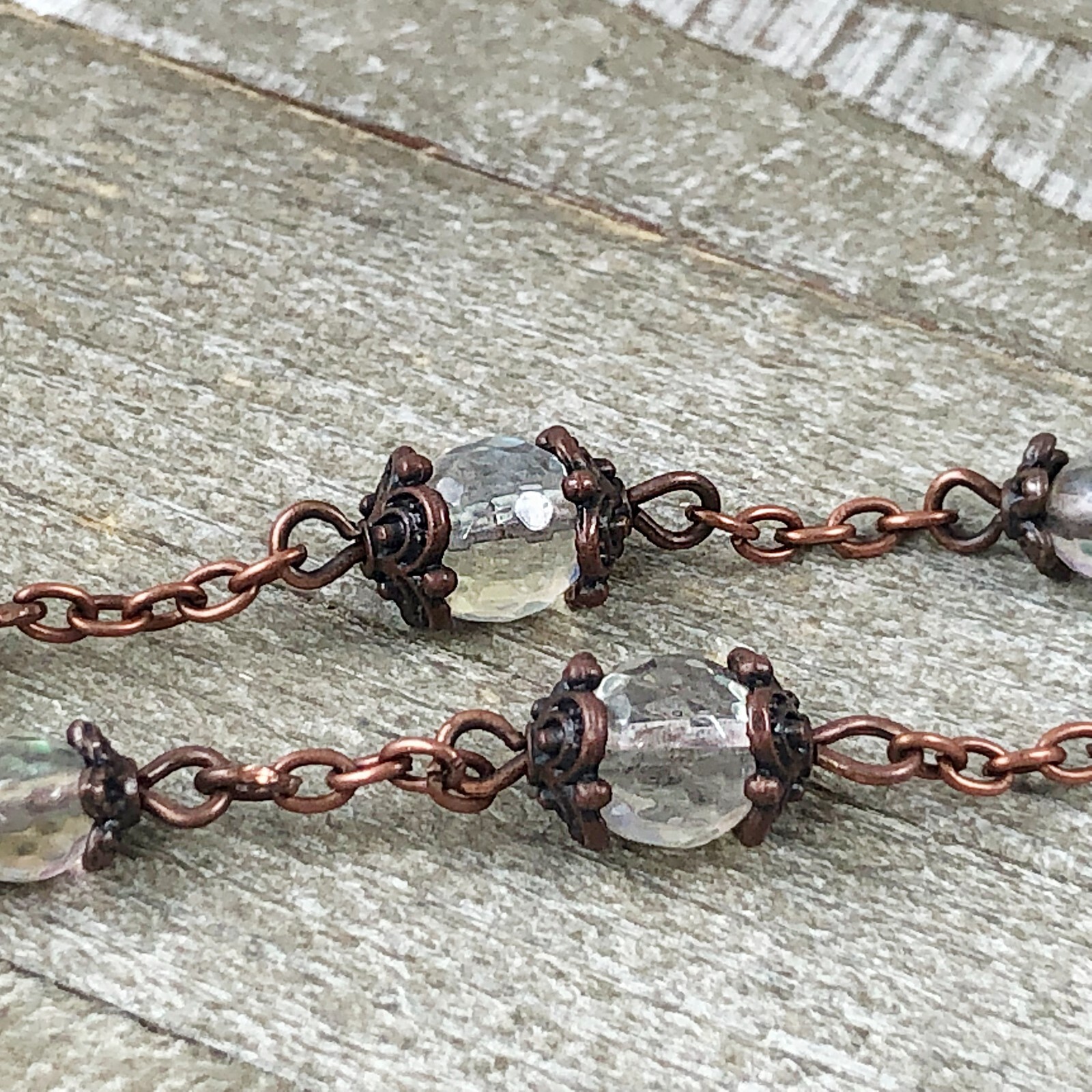 Antique Copper Soldered Clear Quartz Crystal Pendant with Faceted Moonstones