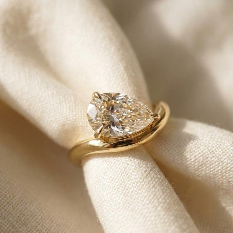 East West 2.0 CT Pear Cut Moissanite Solitaire 14K Gold Curved Ring For Her