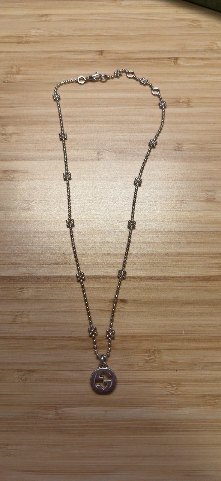 Gucci Silver Round GG Charm Pendant Link Chain Necklace, Lobster Clasp Signed