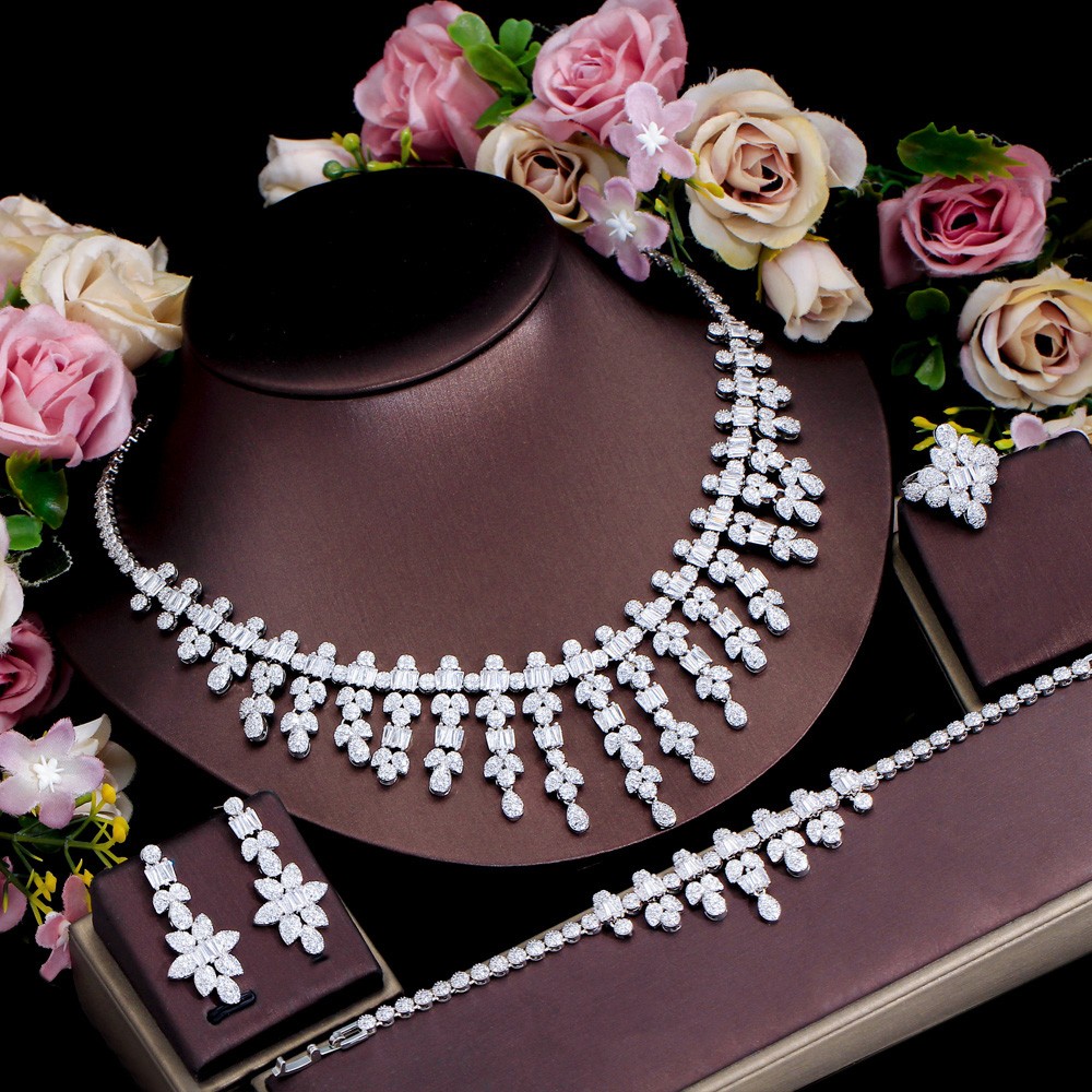 Silver Plated Long Leaf Drop Necklace Earring Bracelet Ring CZ Bride Jewelry Set
