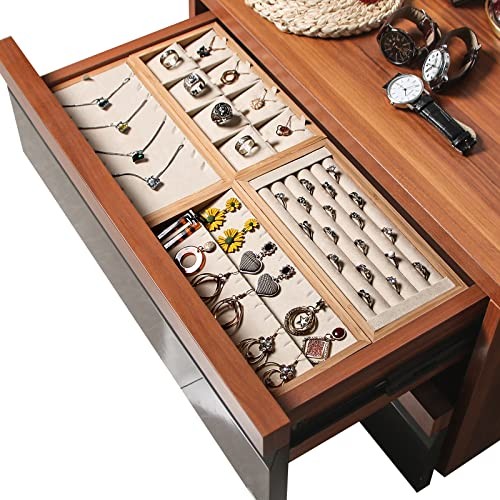 Bamboo Ring Display Holder Jewelry Storage Tray Organizer Ring Beige Velvet