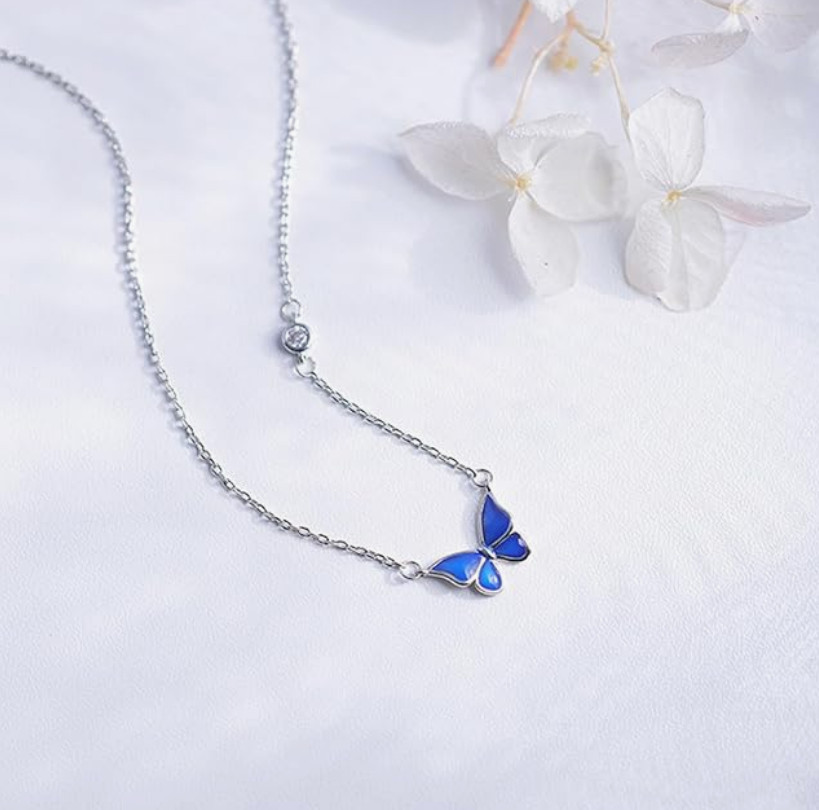 18K White Gold Plated CZ Blue Enamel Butterfly Silver Necklace Color Changing B2