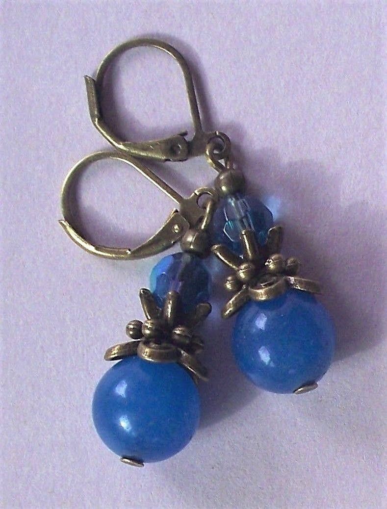 dark blue BLUE JADE & AB Crystal earring BRONZE LEVERBACK artisan#475-4