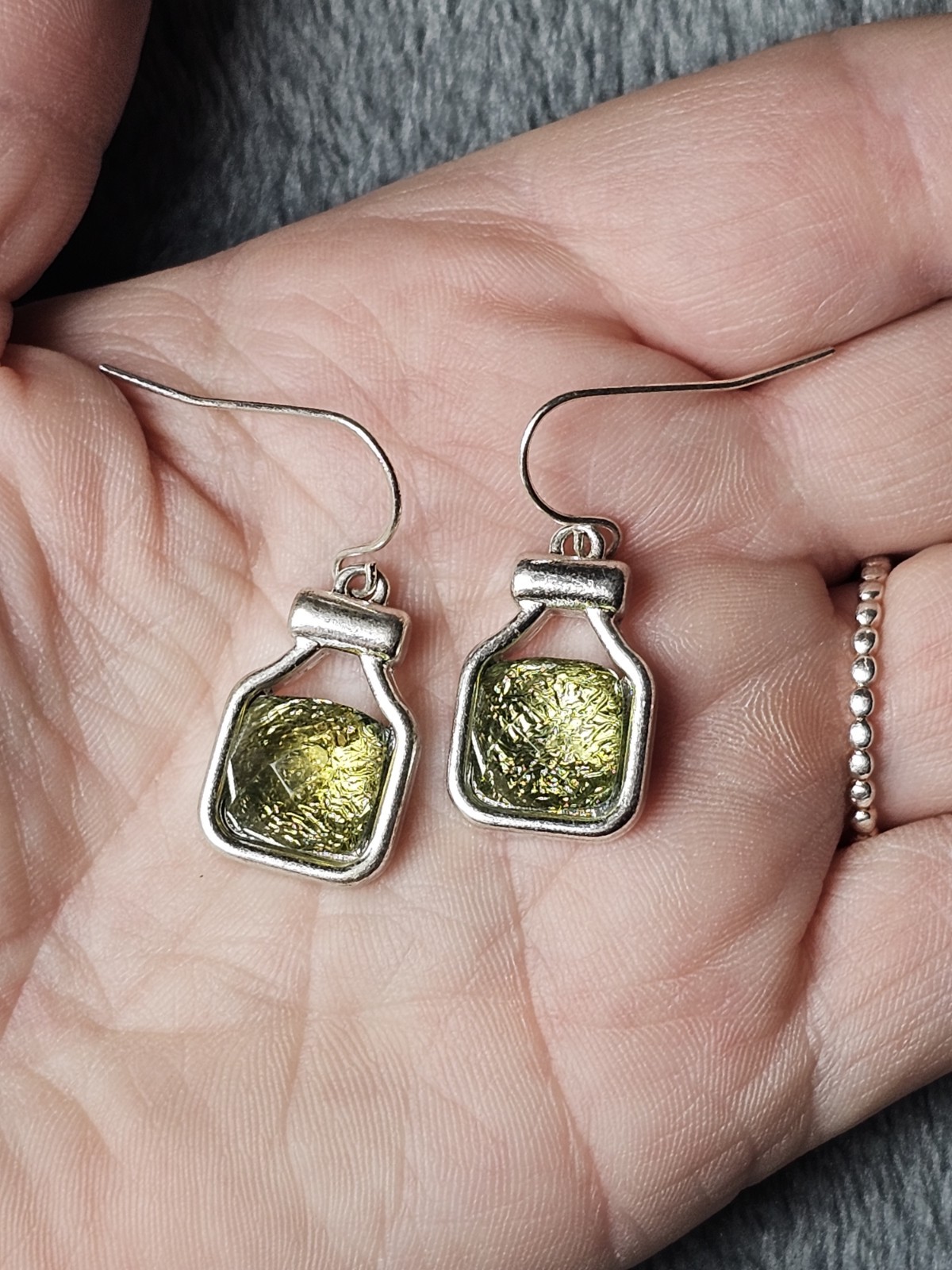 Silver Tone Bottle Flask Yellow Green Crackle Glass Dangle Earrings