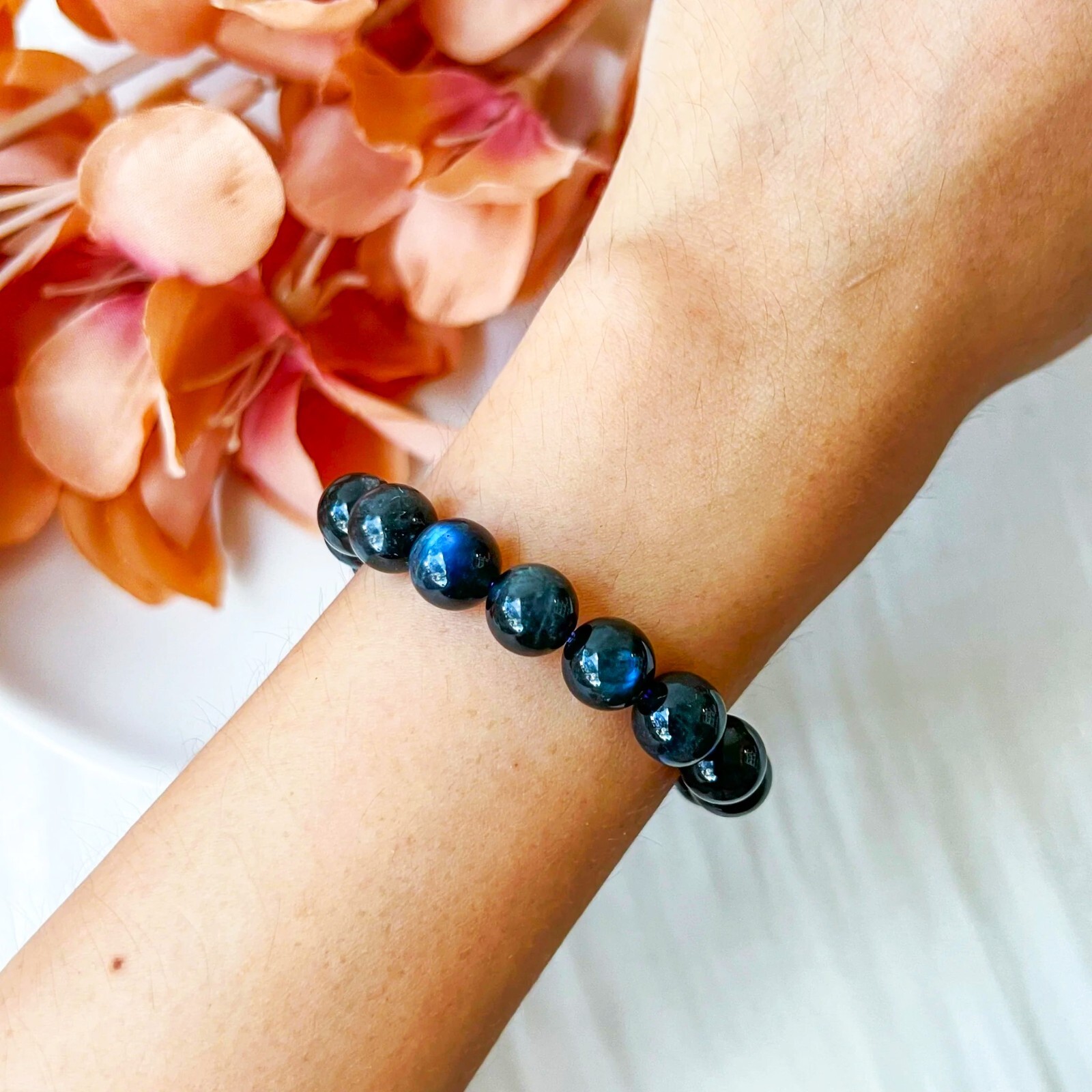 Blue Cat Eye Labradorite Flash Round Bead Healing Balance Stretch Women Bracelet