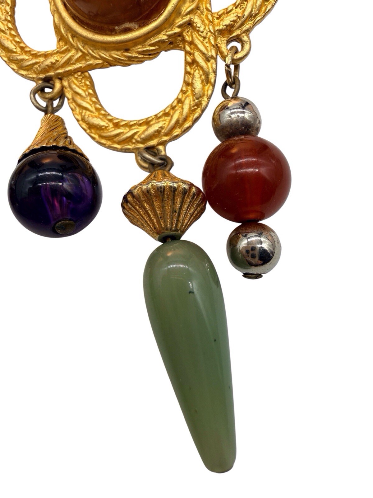 JJ Jonette Signed Earrings VTG 80s Large Etruscan Rev Faux Stone Dangles Gold 9