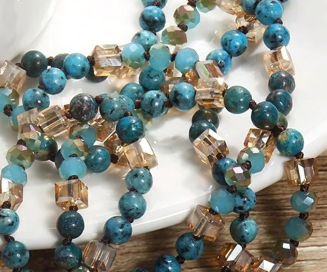 Turquoise Chrysocolla Beaded Necklace with Blue Agate Pendant 19″ *NEW* Stone