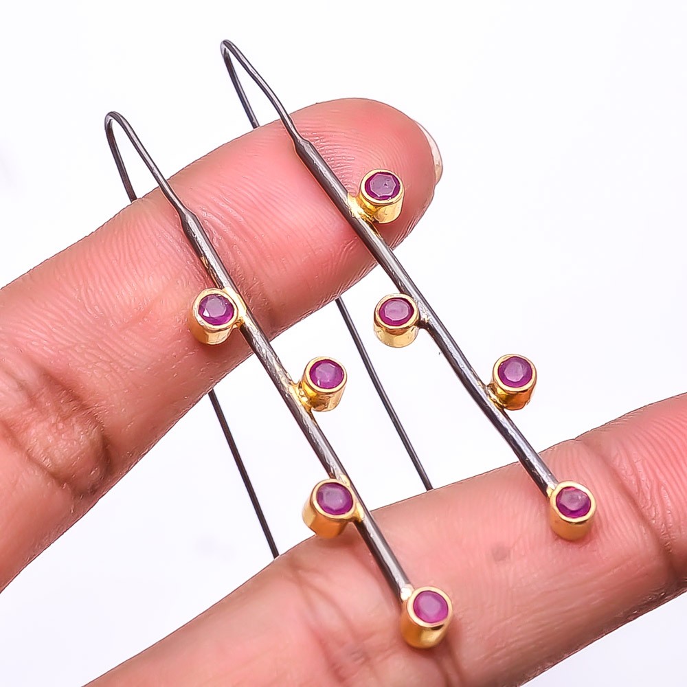 Ruby -Mozambique -Simulated 925 Silver Black And Gold Plated Earring 2.15″ E9452