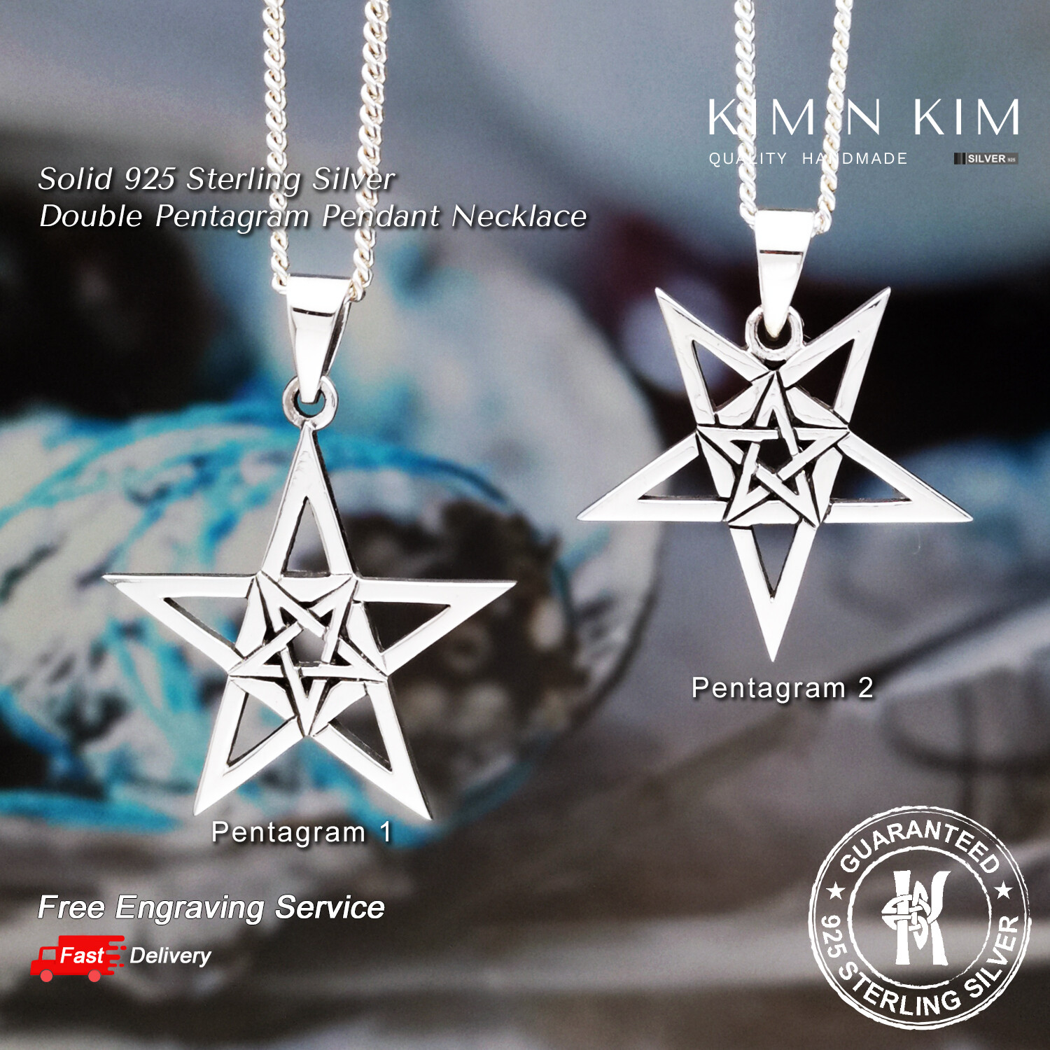 925 Silver Double Pentagram Necklace with Custom Engraving – Handmade✔Solid 925