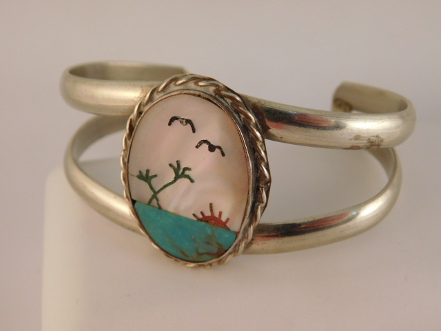 TURQUOISE MOP INLAID NICKEL SILVER CUFF BRACELET ARTISAN SUNSET MOTHER OF PEARL