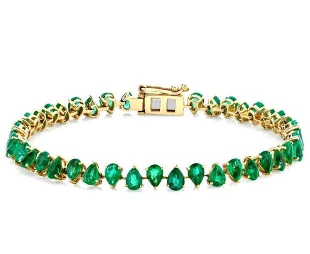 14K Yellow Gold Finish 8 CT Pear Lab-Created Green Emerald Women Tennis Bracelet