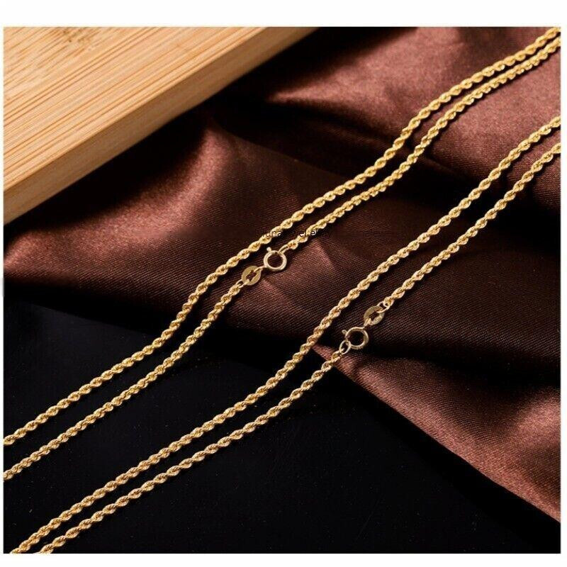 Pure 18K Yellow Gold Lucky 1.8mm Rope Chain Link Women Necklace 17-24inch