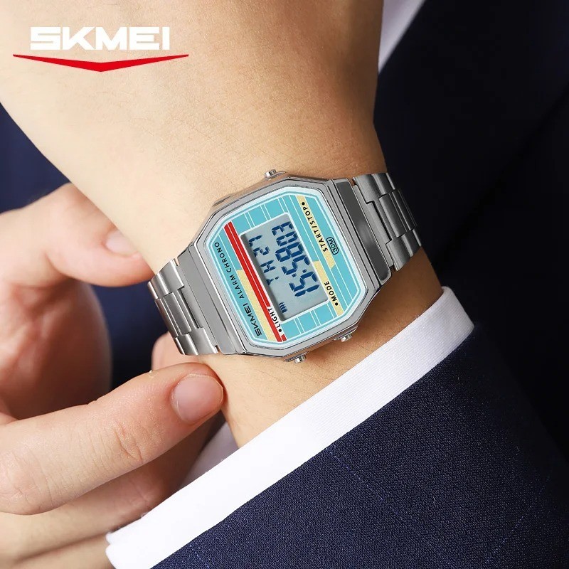 SKMEI Men’s Digital Watch Square Stainless Steel Luminous Waterproof Alarm