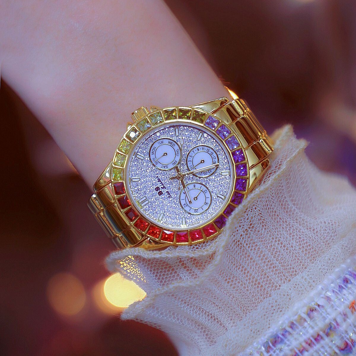 Rainbow Crystal Bezel Women Watch Gold Tone Colored Gems Women’s Wrist Watch