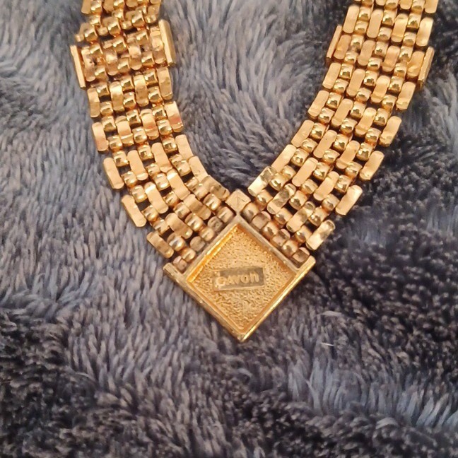 Avon Signed Gold Tone Multi-Strand Link Necklace Square Clear Rhinestone Charm