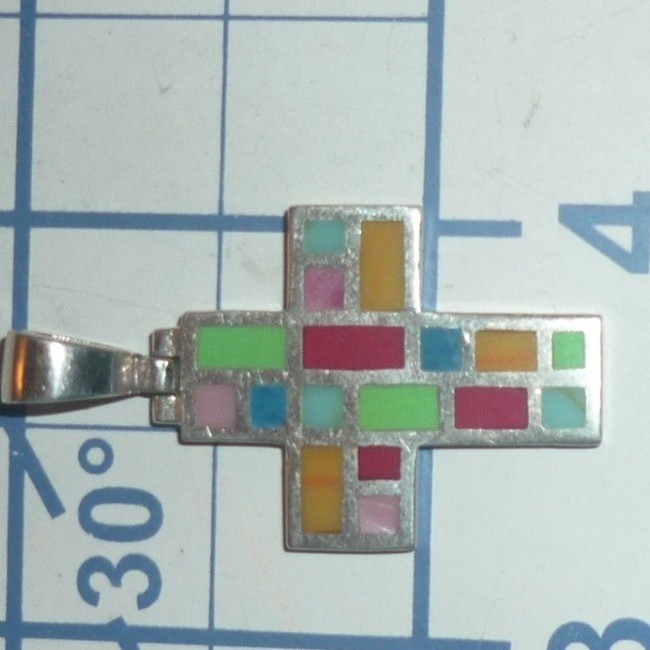 Vintage Sterling Silver Multi-Stone Inlay Cross Pendant Southwestern Jewelry