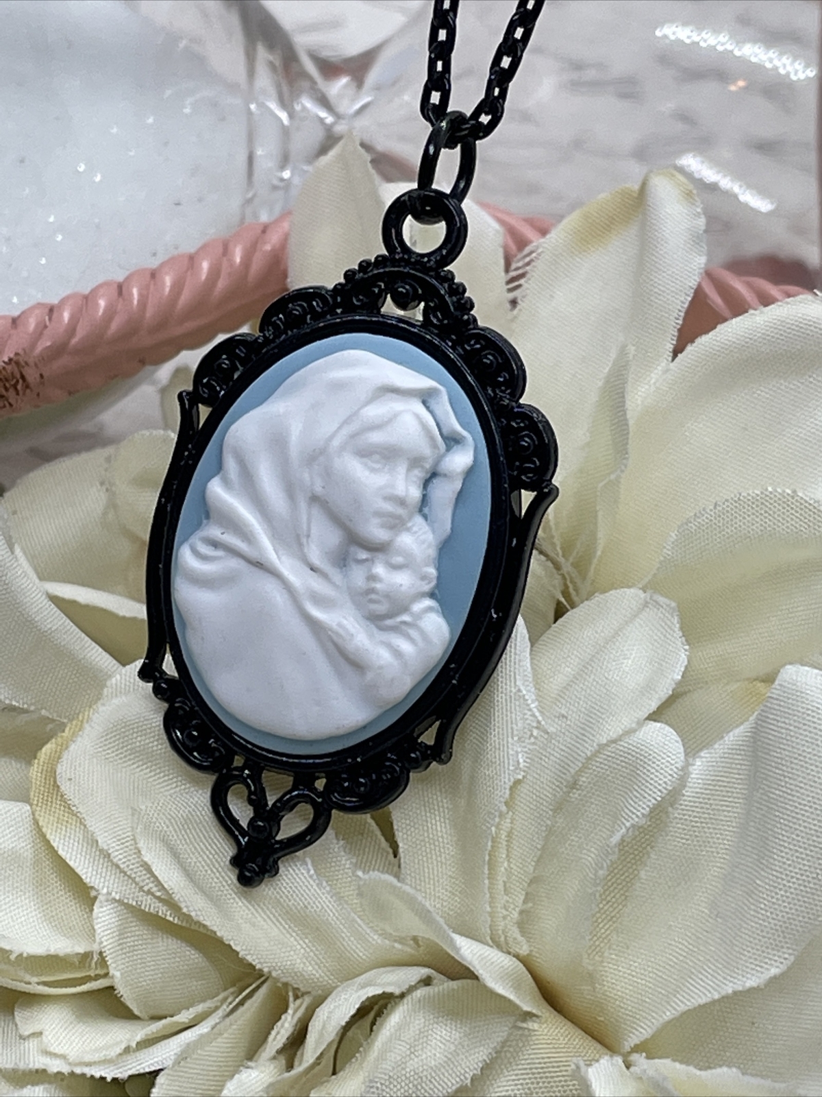 Madonna Mary Child Jesus MOM Heart Jewelry White Mothers Day necklace Cameo Bday