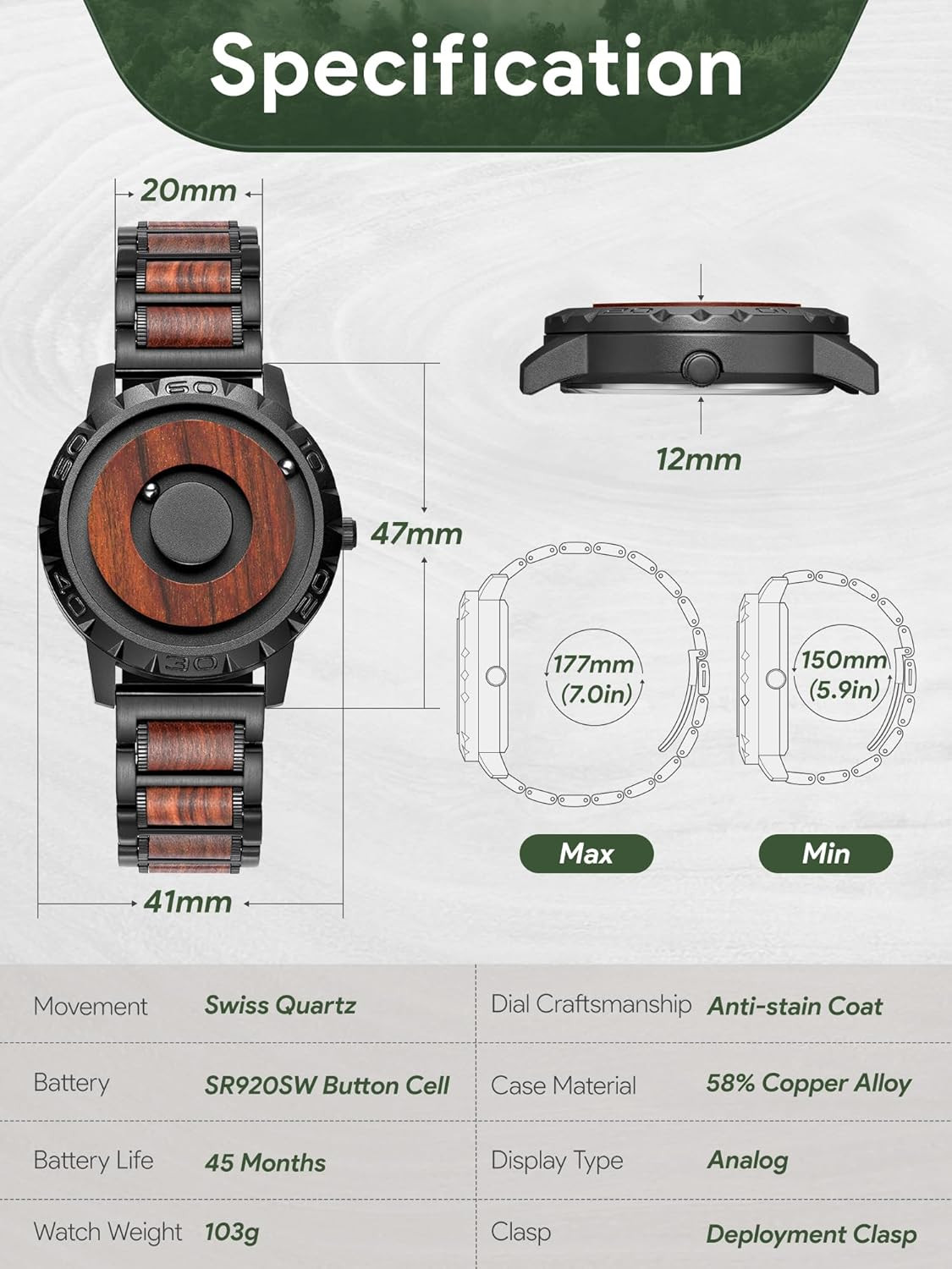 Men’s Magnetic Quartz Watch, 40mm, Waterproof, Unique Design, 20mm Bracelet