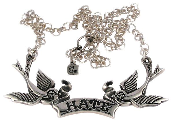 Femme Metale Hate Banner Swallows Tattoo Fine 925 Sterling Silver Necklace NWT